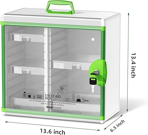 Miniatura 2 de Glosen Botiquín de medicina con bloqueo montado en la pared verde 13.6 x 13.4 x 6.5 pulgadas, contenedor de almacenamiento portátil de gran capacidad
