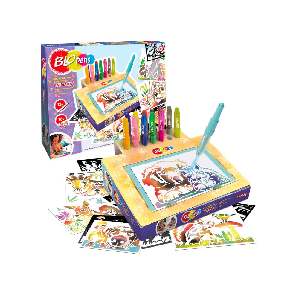 Lansay - BLOPENS - Super Activity Center Tiere - Neu - 16 Schablonen mit Airbrush-Effekt - Box, die in EIN Pult umgewandelt Werden kann - Waschbare Stöpsel - Kreatives Spiel für Kinder Ab 5 Jahren
