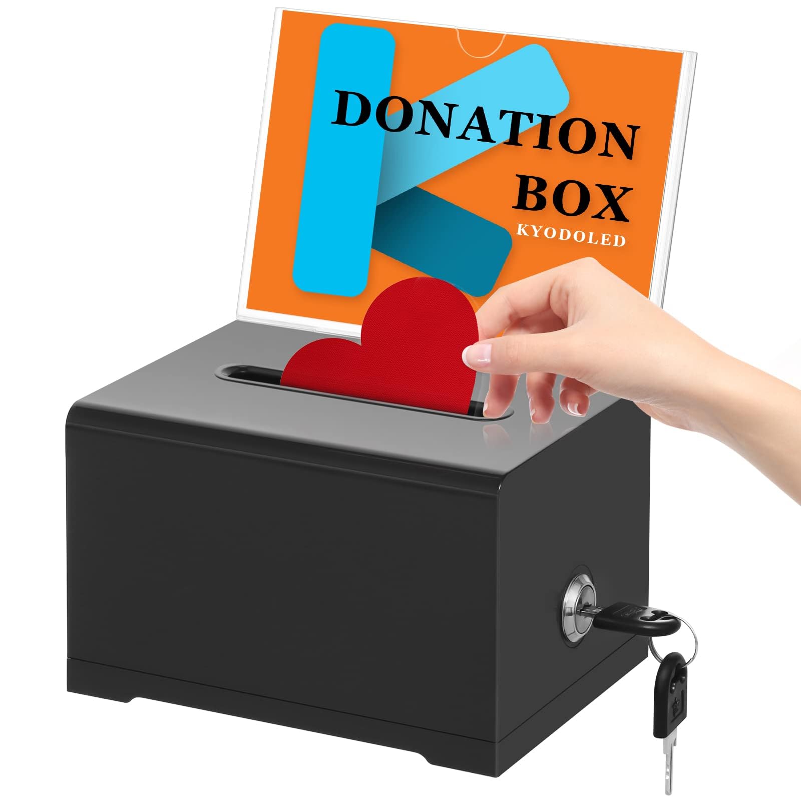 Black Donation Box with Lock, Ballot Box with Sign Holder, Suggestion Box Storage Container for Voting, Raffle Box, Tip Jar 6.2" x 4.6" x 4.0"