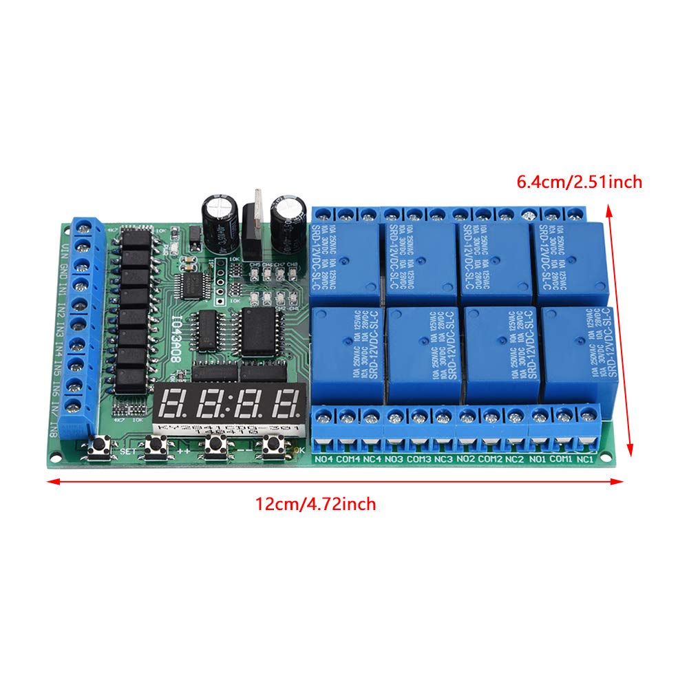Relais de minuterie, DC 12V Module de relais à 8 canaux Module de relais de temporisation multifonction Carte d'interface Module de commutation de relais de temporisation