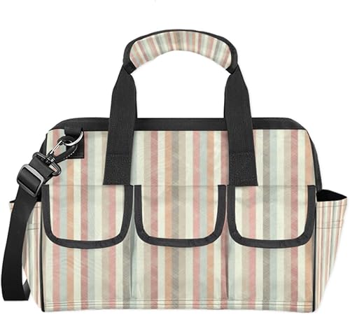 Retro Stripe Pastel Wide Mouth Tool Bags for Men and Women 14 Pockets Tool Tote Bag Pouch Heavy Duty Tool Organizer Bag with Adjustable Strape for