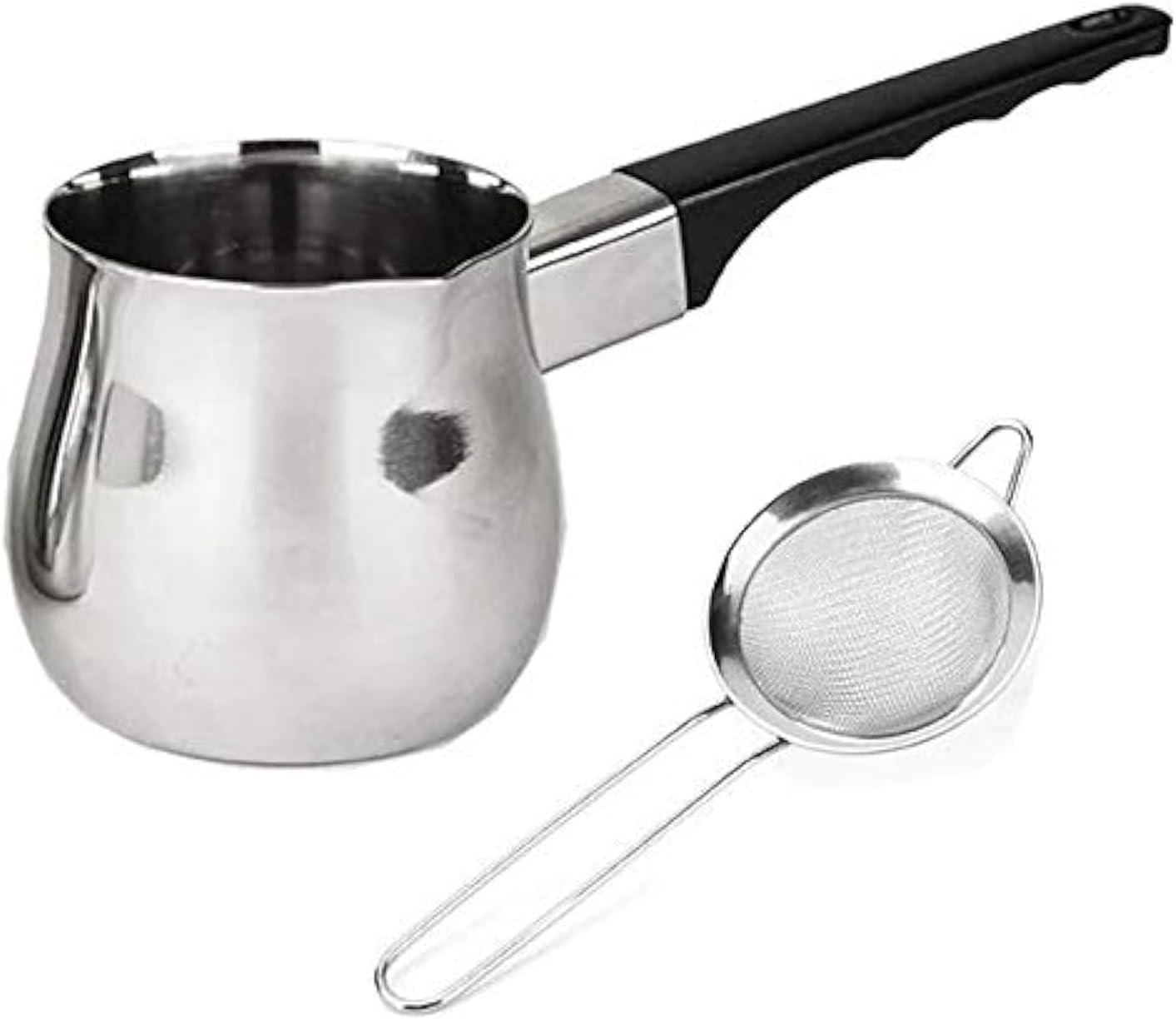 18oz Chai teapot and strainer combo. Turkish coffee pot and fine mesh strainer together for making perfect Prana Chai at home