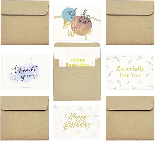 Surtido de tarjetas de cumpleaños con diferentes saludos en blanco en el interior con sobre para feliz cumpleaños, agradecimiento a los profesores,