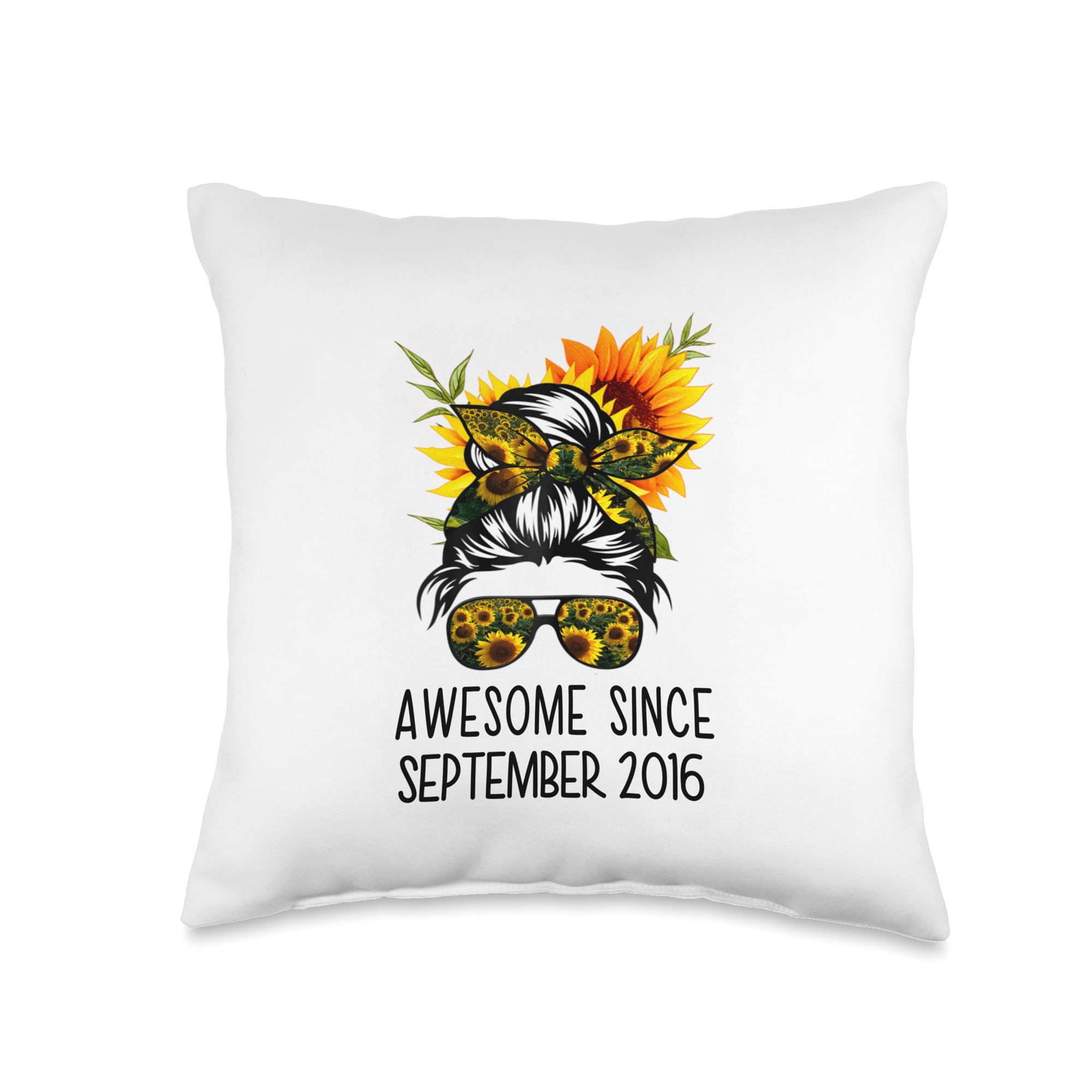Awesome Since September 2016 Shirt CostumeAwesome Since September 2016 Shirt Costume Messy Bun Sunflower Awesome Since September 2016 Throw Pillow, 16x16, Multicolor