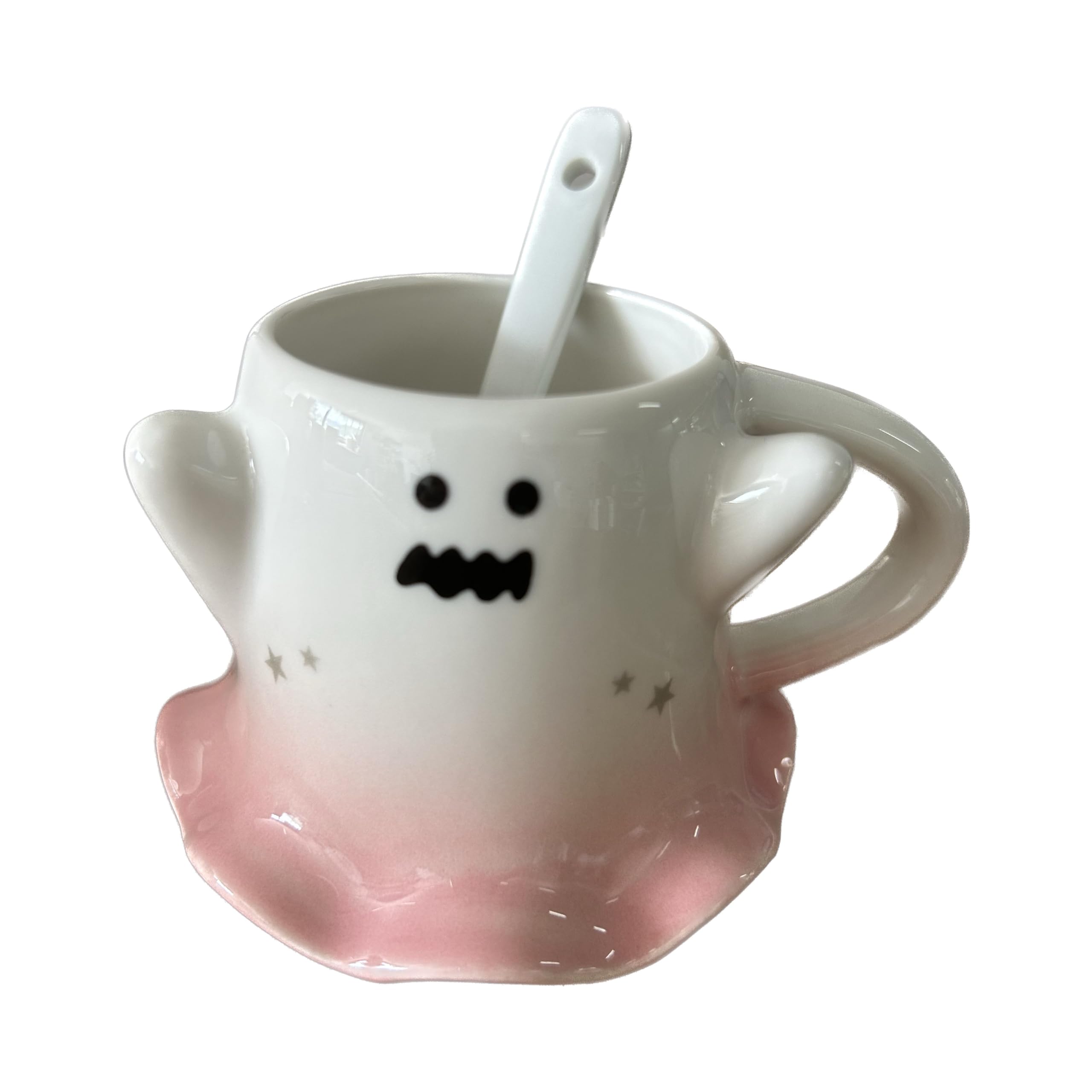 KKGUD Novelty Mini Cup, Ceramic 4.5oz Halloween Coffee Cup with Spoon- Scary Ghost (Pink), Scary Ghost- Pink, 130ml, Small