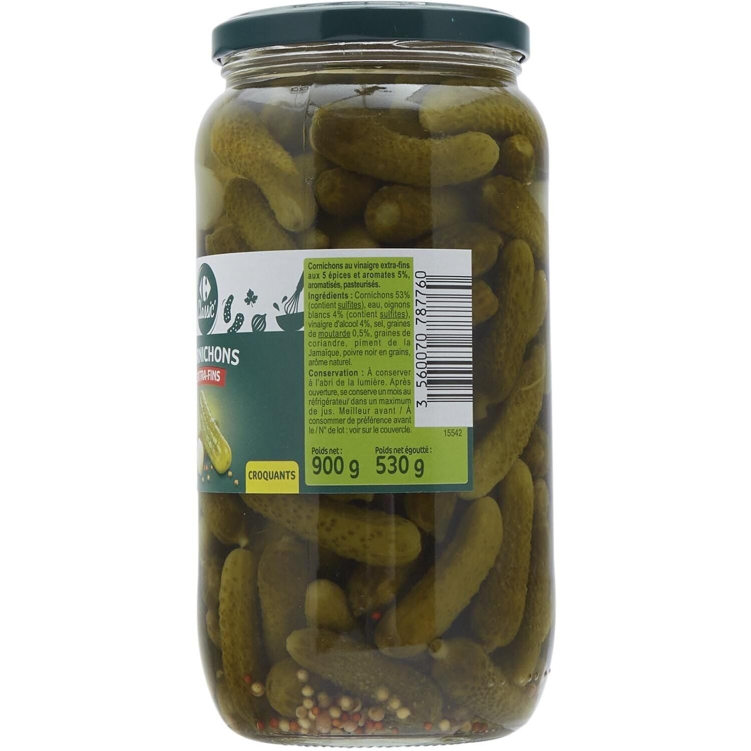 Des cornichons croquants et savoureux pour vos repas — CARREFOUR CLASSIC' aux 5 épices et aromates, bocal en verre de 900g (poids net 530g) - Lot de 3