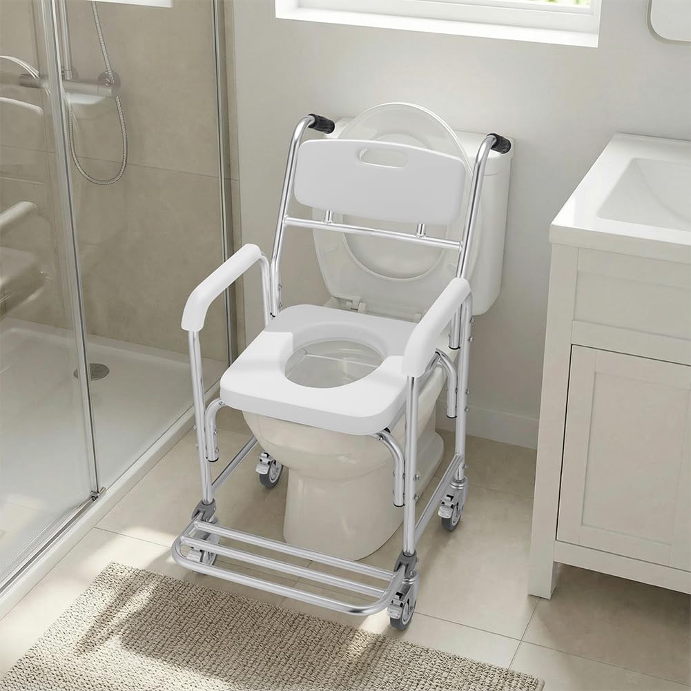 BAKAJI Sedia a Rotelle Impermeabile con WC e Coperchio Rimovibile, Seduta Ergonomica Comodo con Toilette Inclusa, Struttura Resistente, 4 Ruote Piroettanti e Maniglie Ergonomiche, 55 x 70 x 96 cm