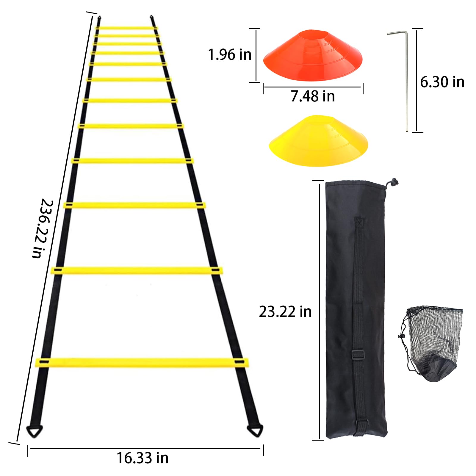 Auckpure Accessoires d'entraînement de football, échelle de coordination, kit d'entraînement de football avec 12 cônes de football, 4 poteaux en fer fixes, 1 sac en filet pour cônes de football, 1 sac
