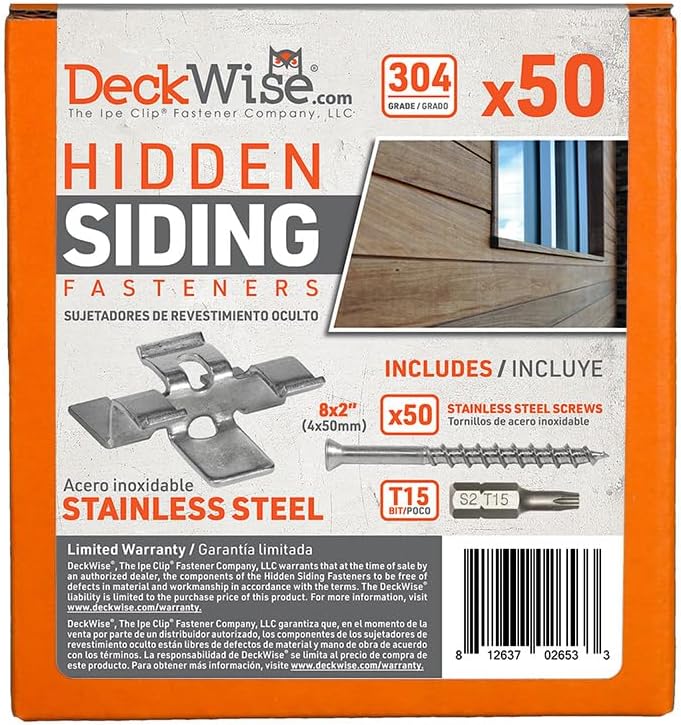 DeckWise Hidden Siding Fasteners for Hardwoods Includes All Stainless Steel; Fasteners, Starter Clips, #8x2 Screws and T15 Drive Bit (300 Pack)