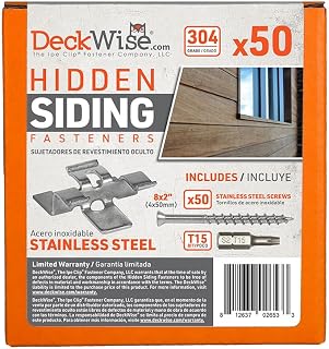DeckWise Hidden Siding Fasteners for Hardwoods Includes All Stainless Steel; Fasteners, Starter Clips, #8x2 Screws and T15 Drive Bit (50 Pack)