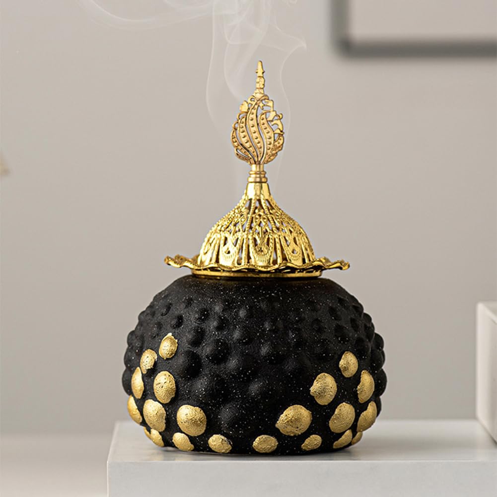 Handheld Ceramic Incense Burner with Metal Holder Home Decoration Eid Cone Middle East Arabian Festival Aromatherapy Furnace (White)