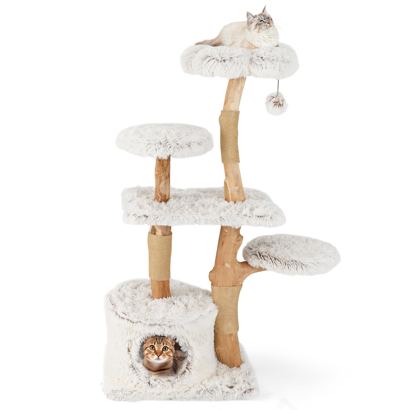 COSTWAY Wooden Cat Tree, Multi-Layer Cats Tower with Jute Scratching Posts & Top Perch, Modern Cat Activity Center for Indoor Cats Kittens (60 x 44 x 135cm, White) — image 1