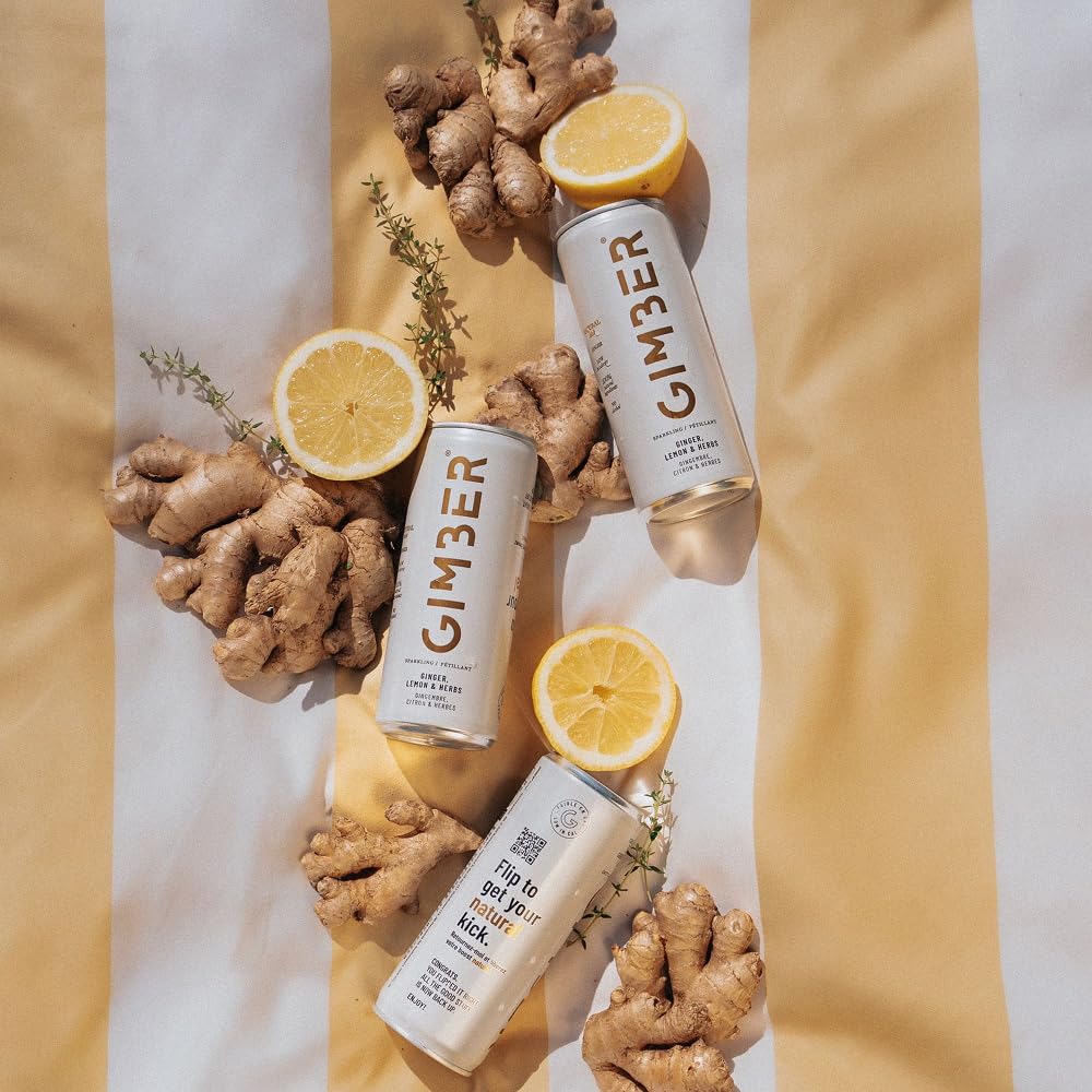Boisson au gingembre gazeuse GIMBER Original : canettes faible en calories | Lot de 12 | Boisson gazeuse au gingembre, citron et herbes. Boisson sans alcool, vegan et 100% naturelle