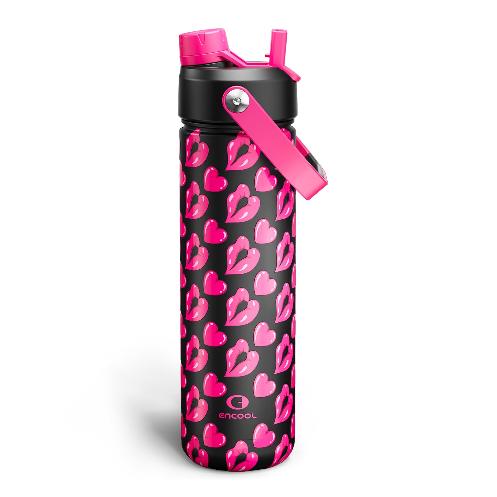 ENCOOL Valentine's Day Insulated Water Bottle with Straw Stainless Steel Water Bottle, Leak-Proof, BPA-Free, Keeps Cold for 24 Hours for Sports, Travel, School (26 oz, Kiss Love Pink x Black)