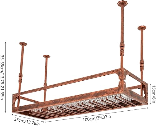 Miniatura 4 de Botellero colgante vintage con soporte para vidrio y estante, 39 pulgadas montado en el techo para botella de vino y soporte para vidrio, estante de