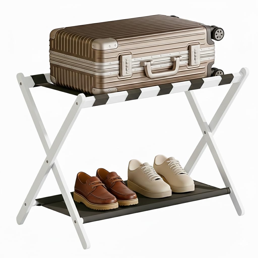 BAMBOOHOMIE Bamboo Luggage Rack for Guest Room, 26.77" Folding Wide Suitcase Stand with Fabric Storage Shelf, Luggage Stand Holder for Bedroom Hotel, Luggage Rack for Suitcases (1 Pack - White)
