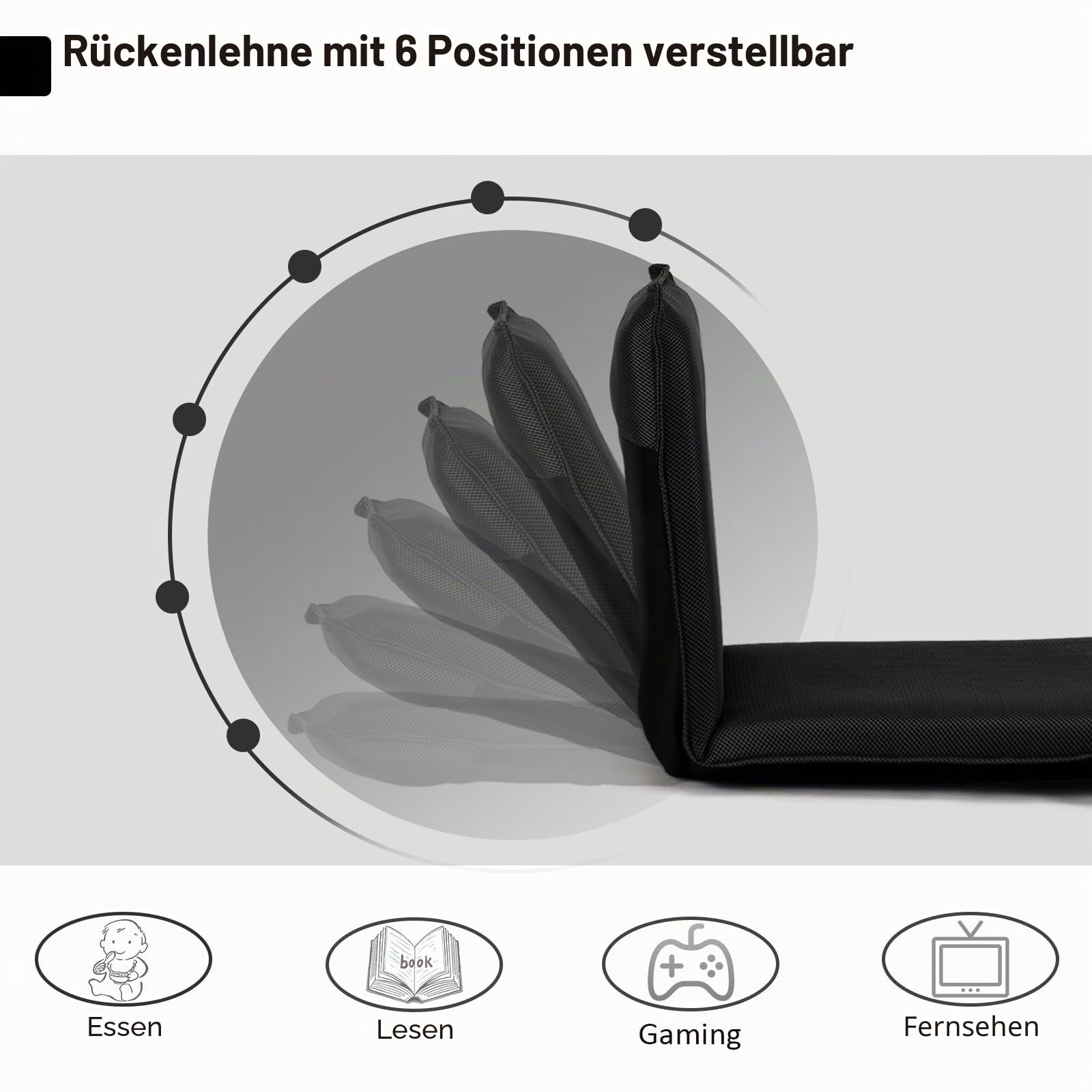 HOMASIS Bodenstuhl klappbar, Bodensessel mit verstellbarer Rückenlehne in 6 Stufen, gepolsterter Lehnstuhl aus Netzstoff & Schaumstoff, Meditationsstuhl mit Liegefunktion zum Fernsehen Lesen (Schwarz)