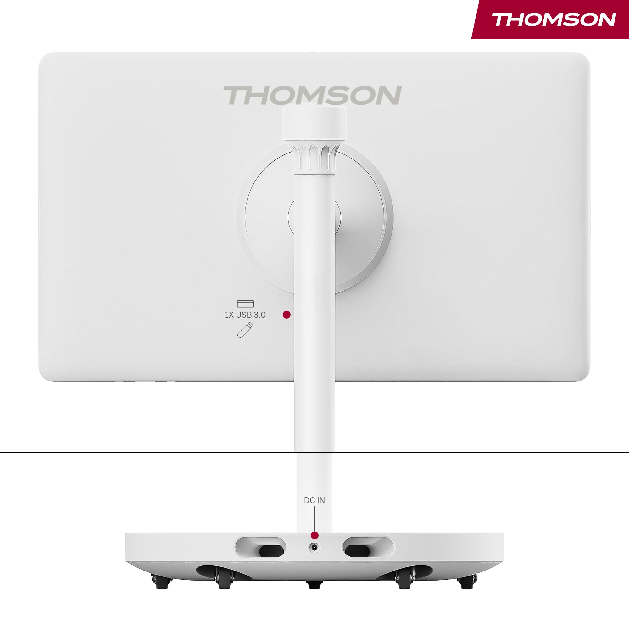 THOMSON Go Plus Pro Pantalla Táctil Inteligente 27 Pulgadas (69 cm) FHD, Android, Control por Voz, Hotspot, Cámara 5MP, Subwoofer, WiFi 6, Bluetooth, Batería 4 Horas, Soporte Portátil - Blanco