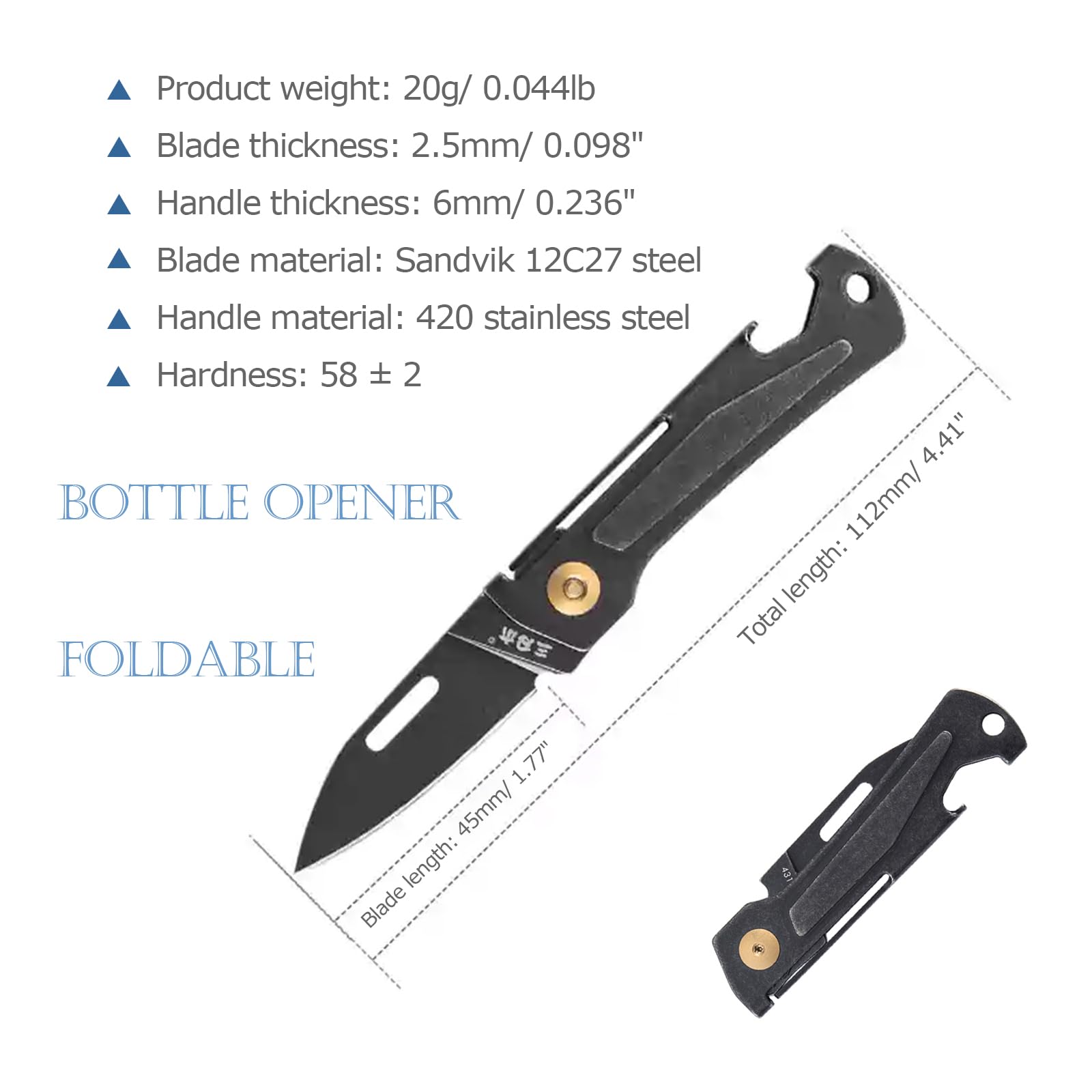 Sanrenmu Mini Folding Pocket Knife with Bottle Opener 1.77