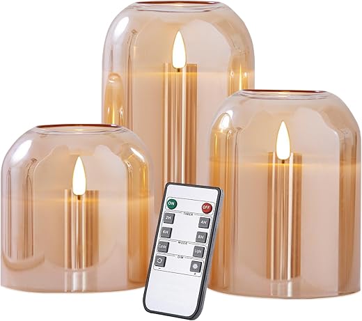 Gold Glass Flameless Candles with Remote Battery Operated Flickering LED Pillar Candles Real Wax 3D Wick Φ 4" H 4" 5" 6"