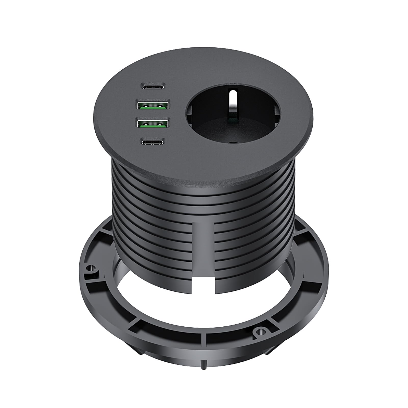Einbausteckdose mit 65W USB C, Haiaoyyds Tischsteckdose ausgestattet mit 1 Schuko, 2 USB-A Anschluss, 2 USB-C Anschluss und 2m Netzkabel, Einbau Steckdosenleiste für 76mm Tischloch, Schwarz