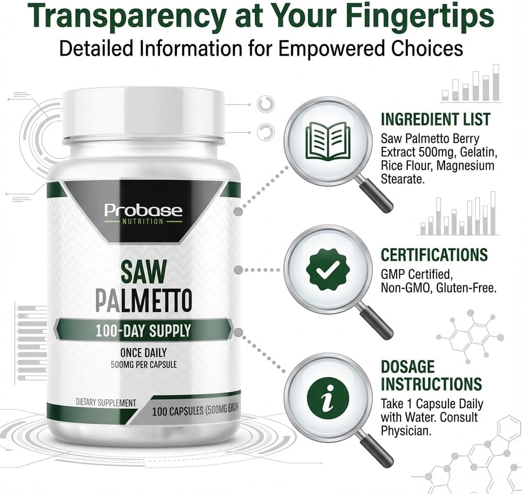 Probase Nutrition Saw Palmetto Support for Prostate and Urinary Health, Herbal Health Supplement, 500mg, 100 Capsules 3+ Month Supply - Image 4