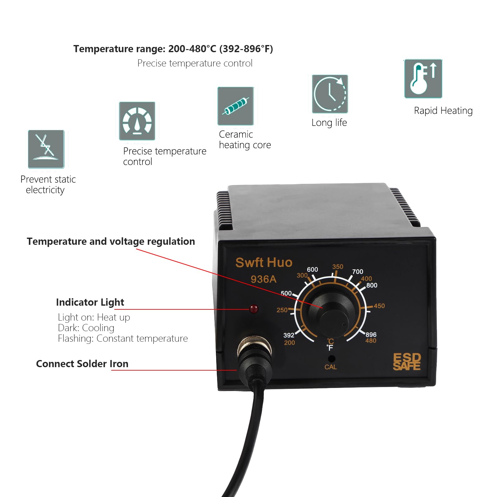 Soldering Iron Station, 936A 60W Soldering Station Kits with 5 Soldering Round Tips, Solder Wire, Tweezers, Desoldering Pump and Rework Station Kit for Electronics (Black)