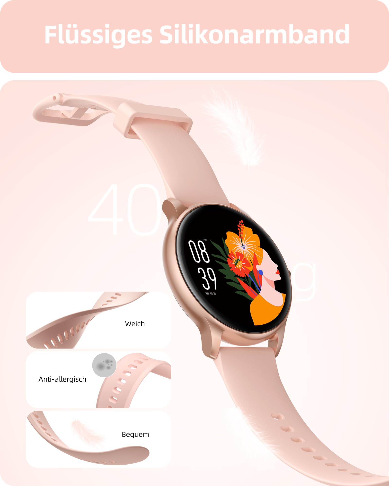 Parsonver Smartwatch Damen Rund mit Telefonfunktion, Fitnessuhr Frauen Schrittzähler, 100+ Sportmodi, IP68 Wasserdicht, Herzfrequenz Schlafmonitor SpO2, Roségold