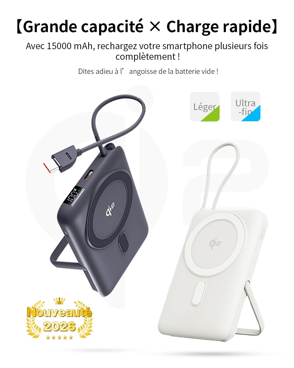 Power Bank Magnétique sans Fil 15000mAh, Support Pliable, Câble Type-C Intégré, Affichage Numérique, Compatible avec Plusieurs Appareils, Batterie Externe Portable(Gris)