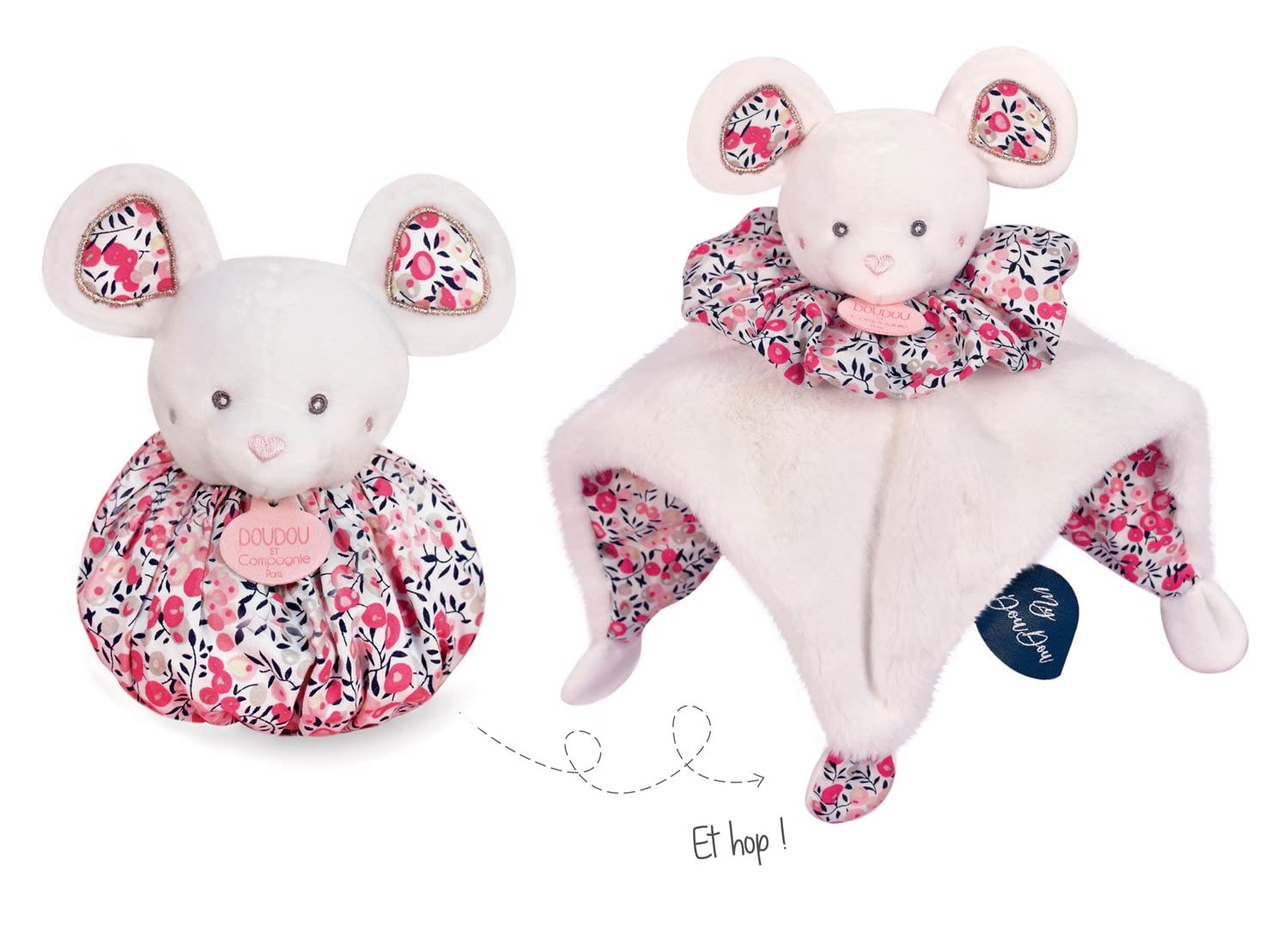 Doudou et Compagnie – Peluche de ratón Rosa 3 en 1 Reversible, 1 Doudou + 1 Marioneta = 1 pequeña Bolsa para Caminar de Peluche, 30 cm, colección de pequeños futés, Idea de Regalo, garantía de Doudou