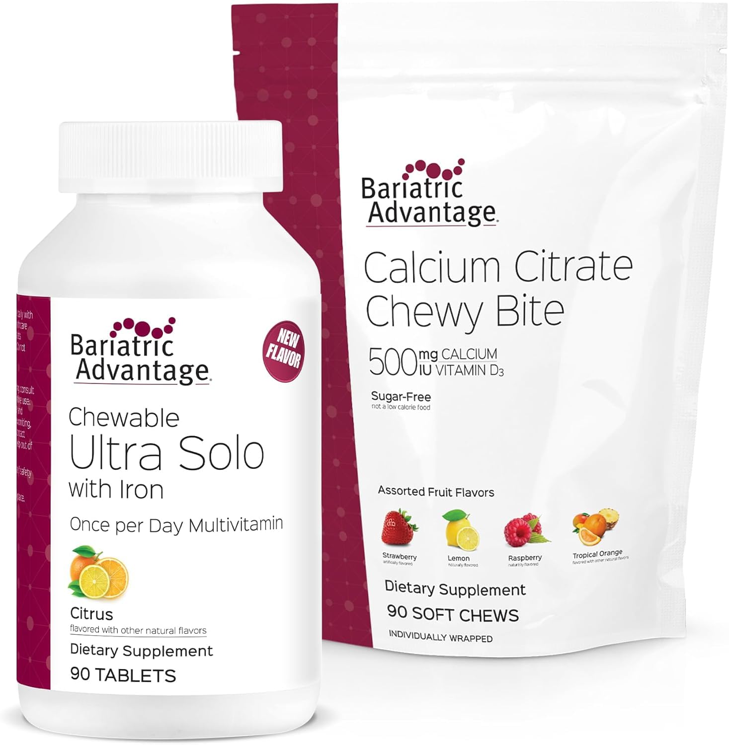Chewable Ultra Solo with Iron - Citrus, 30 Count and Calcium Citrate Chewy Bites 500 mg - Assorted Fruit Flavor,90 Count