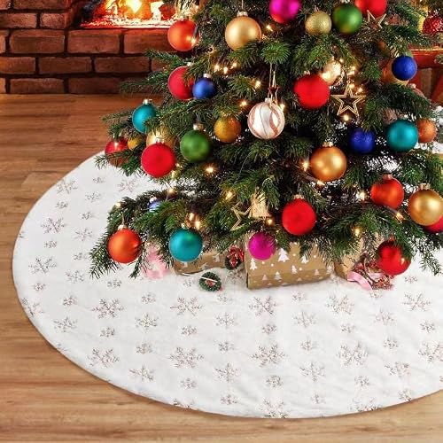 Plush Christmas Tree Skirt , 36 Inch/90Cm Large Faux Fur Xmas White Tree Skirt Mat With Sequin Gold Snowflakes For Christmas Holiday Party Decoration #TOP12