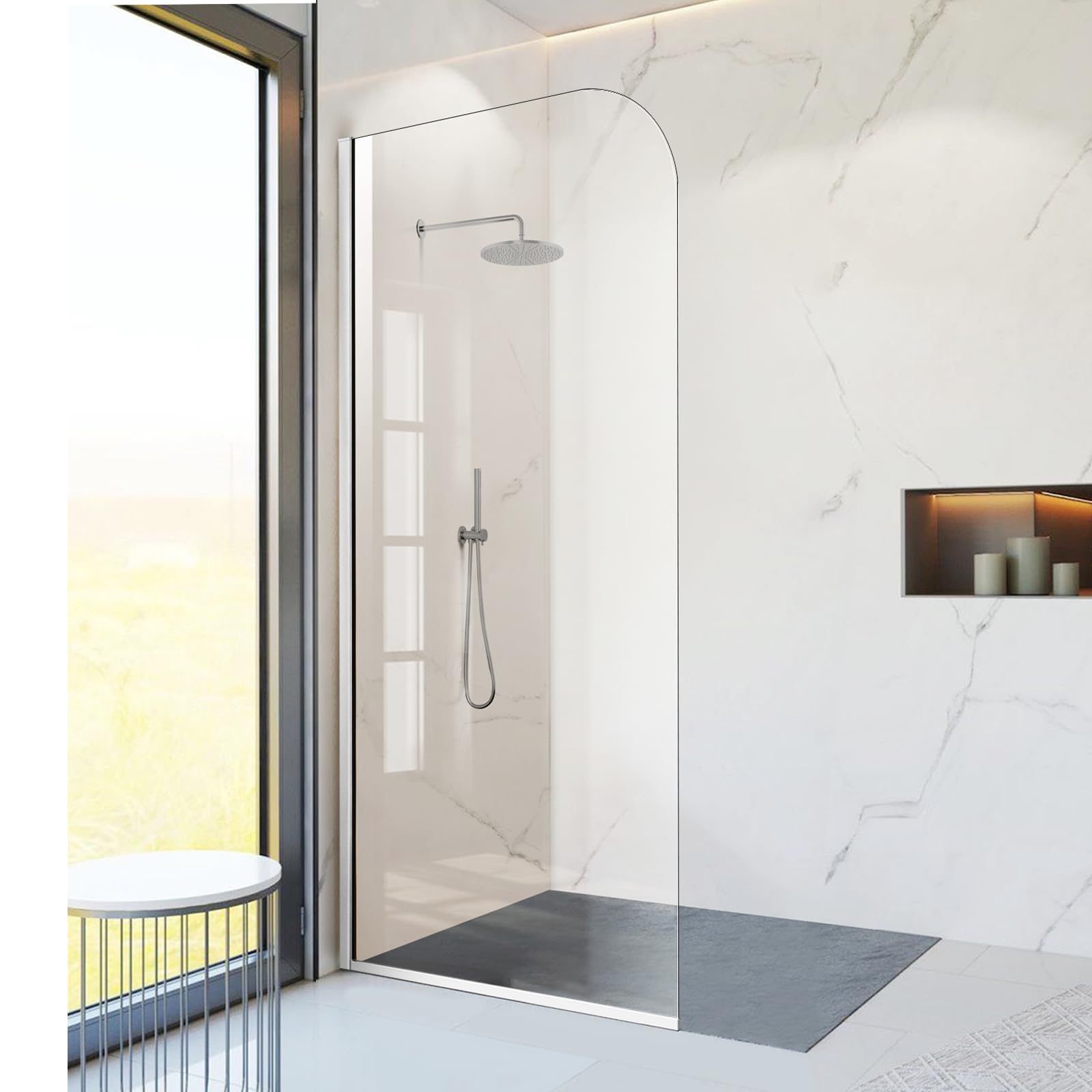 Glass Shower Panel, 30" W x 78" H Semi-Framed Fixed Shower Panel in Silver with 5/16"(8mm) Clear Tempered Glass Door, Simple Shower Door Panel for Bathroom