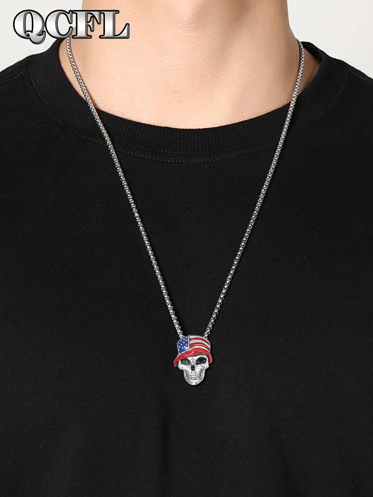 QCFL Skull Necklaces for Men, 925 Sterling Silver Mens Pendant Necklace, Cool Gothic Skull Jewelry Halloween Jewelry Gifts for Men Husband Him Father Son: American Flag