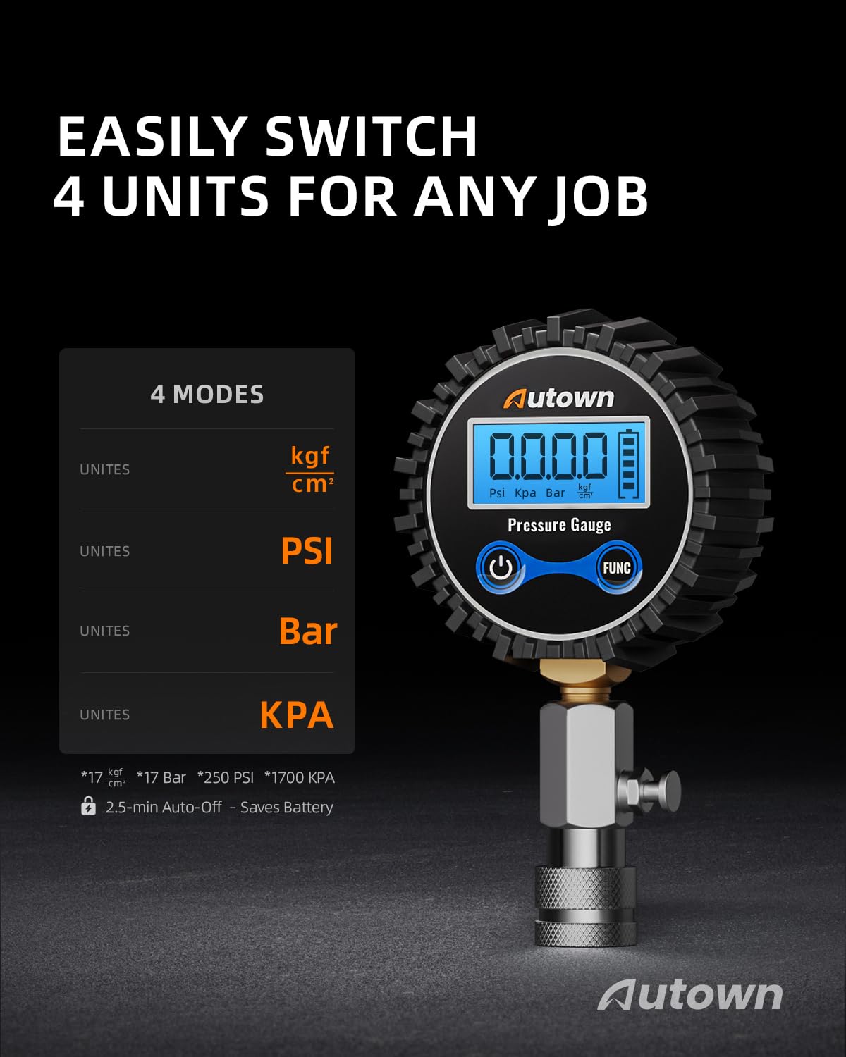AUTOWN Digital Compression Tester Kit 8-Piece - 250 PSI Engine Compression Gauge with 4-Unit Backlit LCD, 1% Accuracy for Car Truck ATV Small Gas Engines