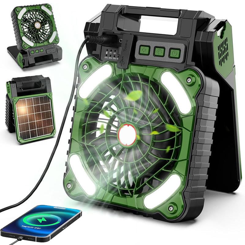 Wasd3Pods Ventilador Solar De Camping con Luz LED, 4 Velocidades Recargable Ventilador De Batería con Temporizador, 90 ° Plegable Ventilador De Escritorio Portátil,Green