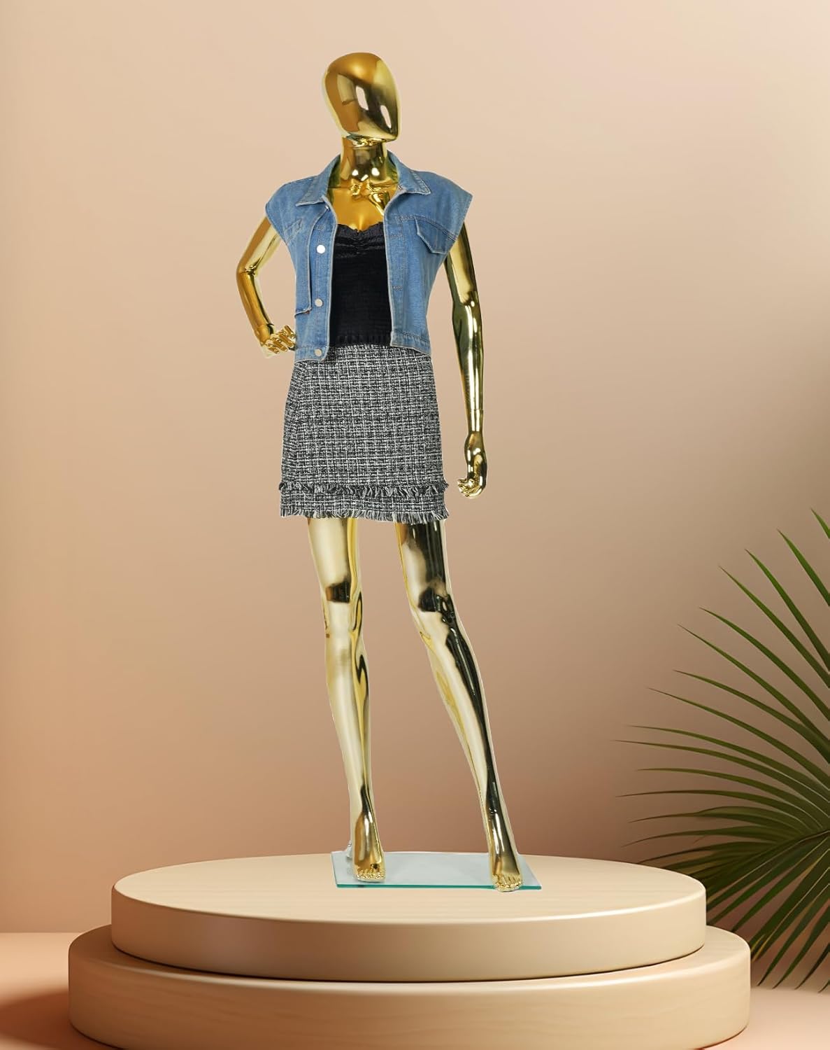 Female Full Body Dress Form Mannequin with Head & Bendable Arms – 68" Tall Gold Mannequin – Plastic Torso with Detachable Parts & Metal Base Stand for Clothing Display