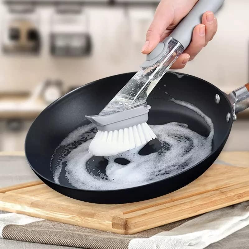 2 in 1 Multifunctional Dish Washing Brush, Pot Washing Brush, Non-Stick Oil Kitchen Cleaning Brush, Sponge Soap Dispenser Kitchen Brushes for Dishes,Scrub Brush with Handle(Pack of 1)(Grey)-image-3