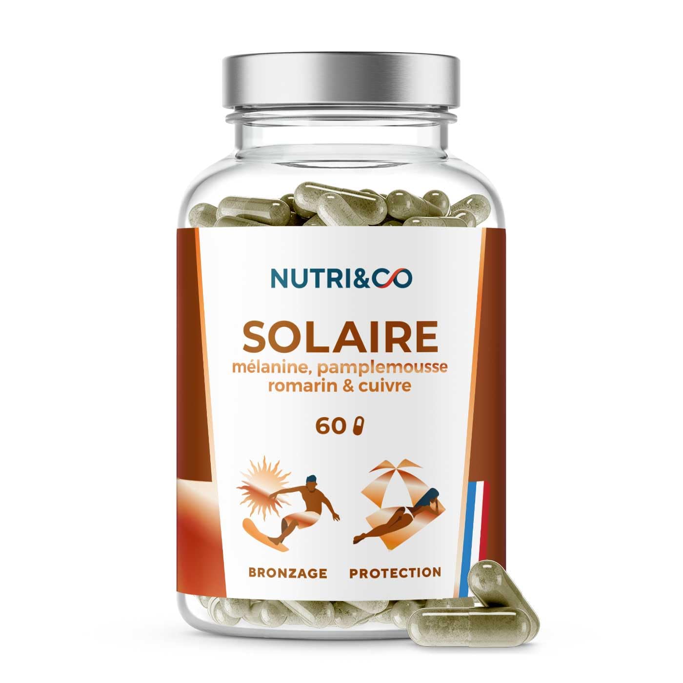NUTRI & CO Le Solaire - Formule 2en1 Préparateur & Accélérateur de Bronzage - Teint Naturel sans Autobronzant ni Bêta-​Carotène - Complément Alimentaire Solaire - 60 gélules Fabriqué en France