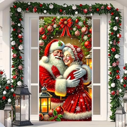 Image of BlissYard Christmas Door Cover Santa Mrs Claus 35x71 Inch Polyester