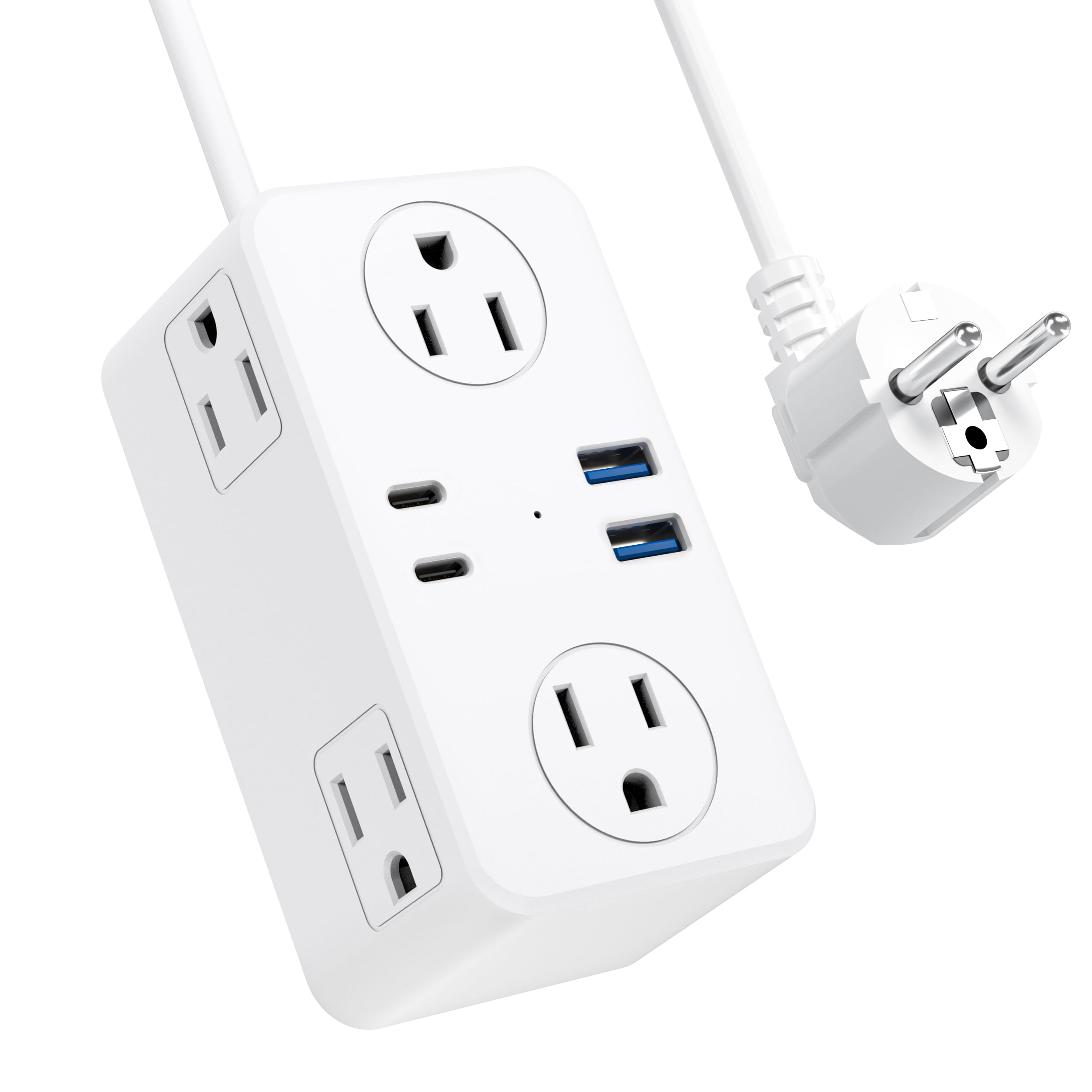 Kakyanill European Travel Plug Adapter, Type E F Plug Adapter, 6 AC Outlets, 4 USB Ports (2 USB C), 3ft Wrapped Around Extension Cord, for Germany