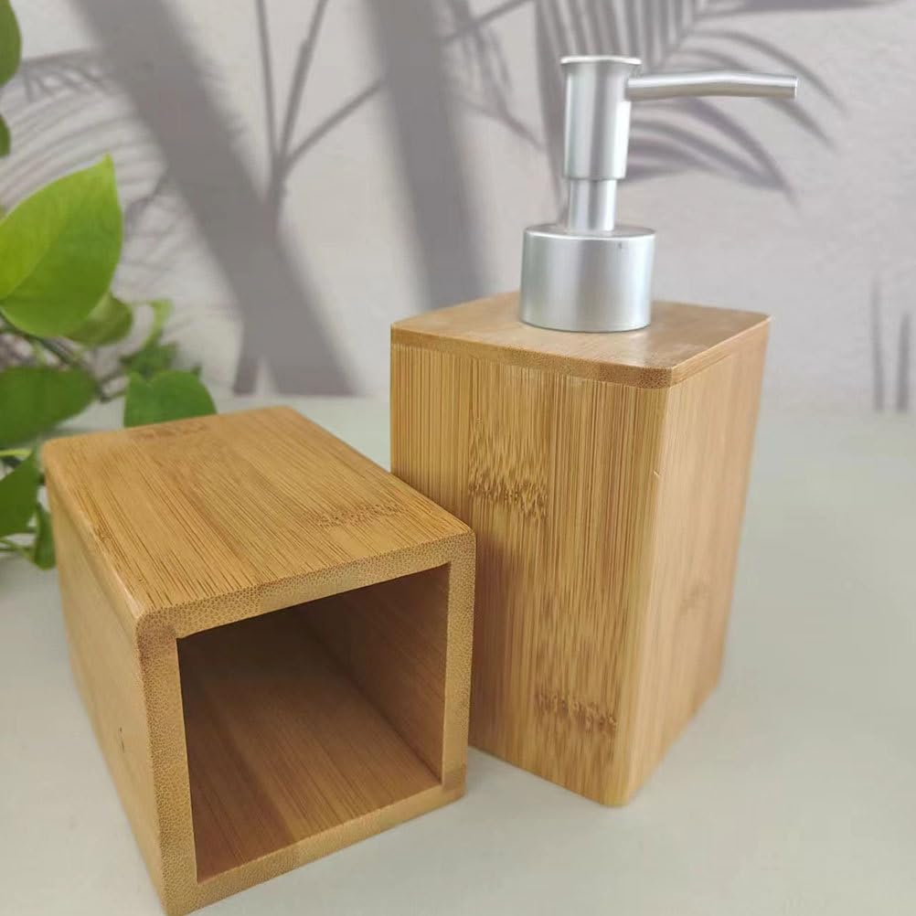 IMIKEYA Accessori da bagno in bambù Set multifunzionale con dispenser di sapone e portaspazzolino bicchiere per risciacquo e base materiale resistente e design elegante per la casa