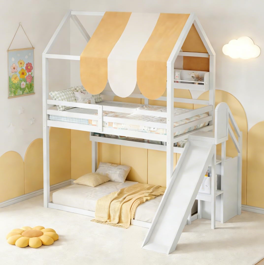 Bellemave Bunk beds Full Over Full with Slide and Stair and Bookshelf House roof Design, Low bunk/loft Bed for Kids，White