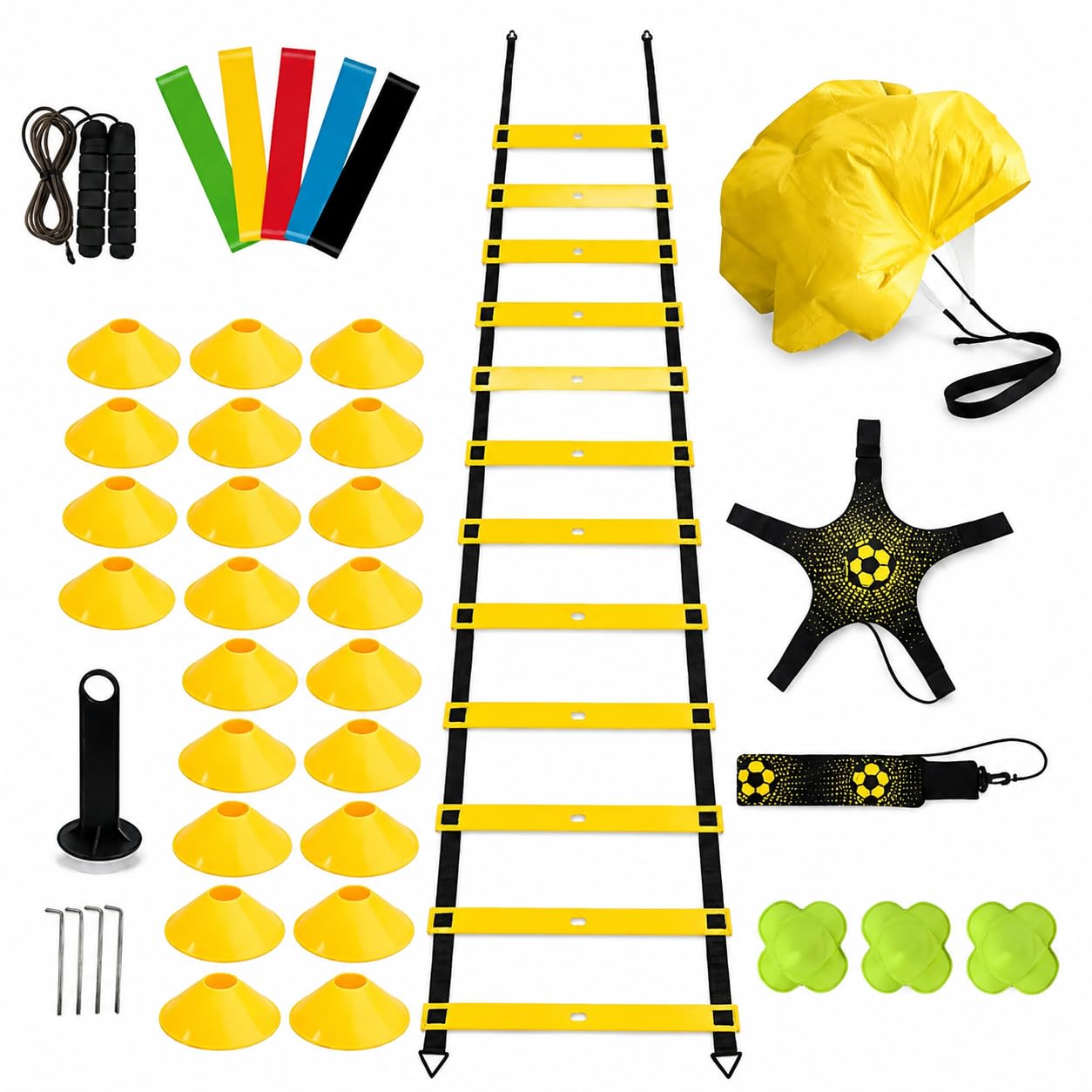 Kit Completo Allenamento Coordinazione Ostacoli Altezza Regolabile Paracadute Resistenza Cintura Lombare Cinesini Piatti Segnaposto Tondi