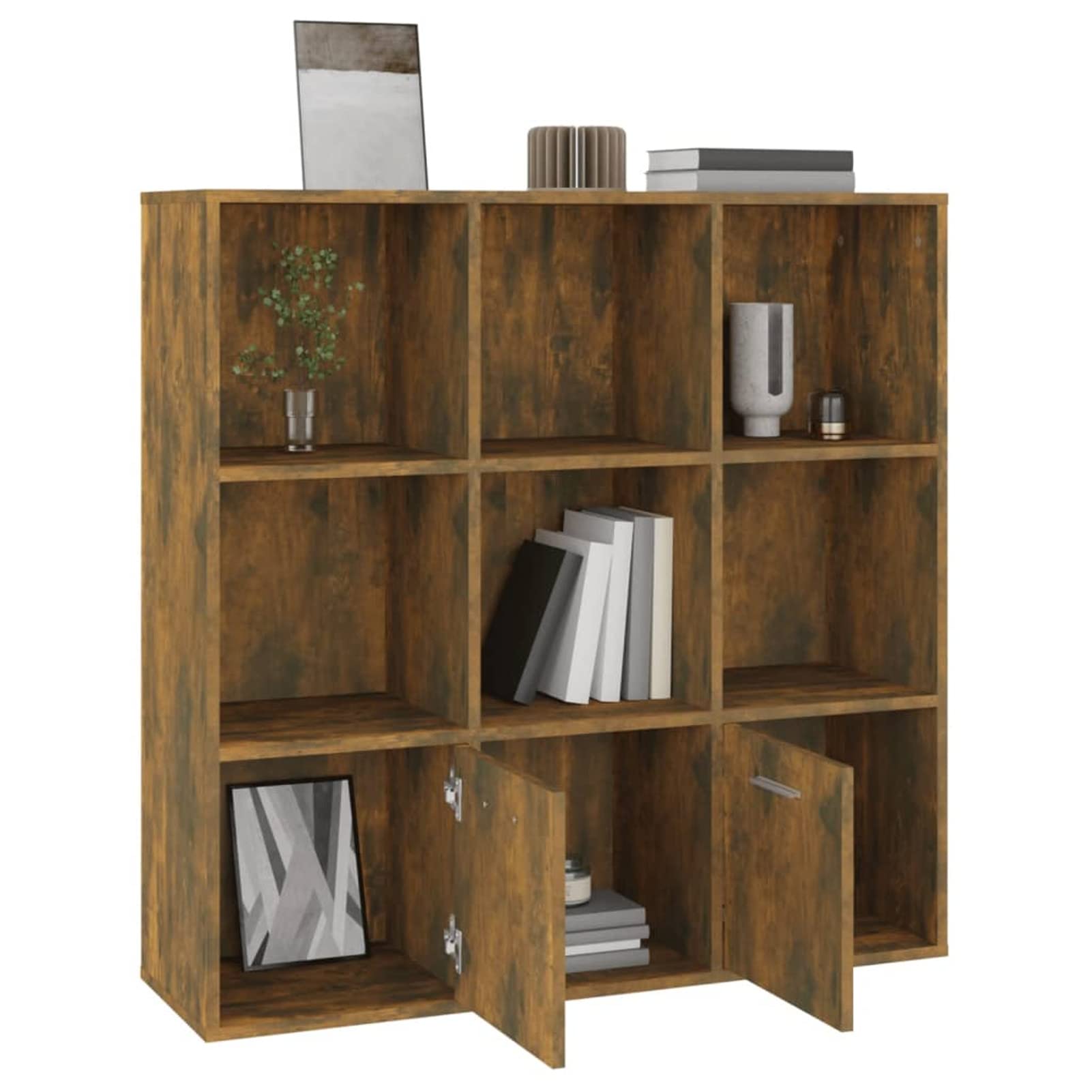 Tidyard Libreria da parete, divisorio per CD, DVD, divisorio con 7 cubi aperti, 2 porte, materiale in legno, legno di incenso, 98 x 30 x 98 cm