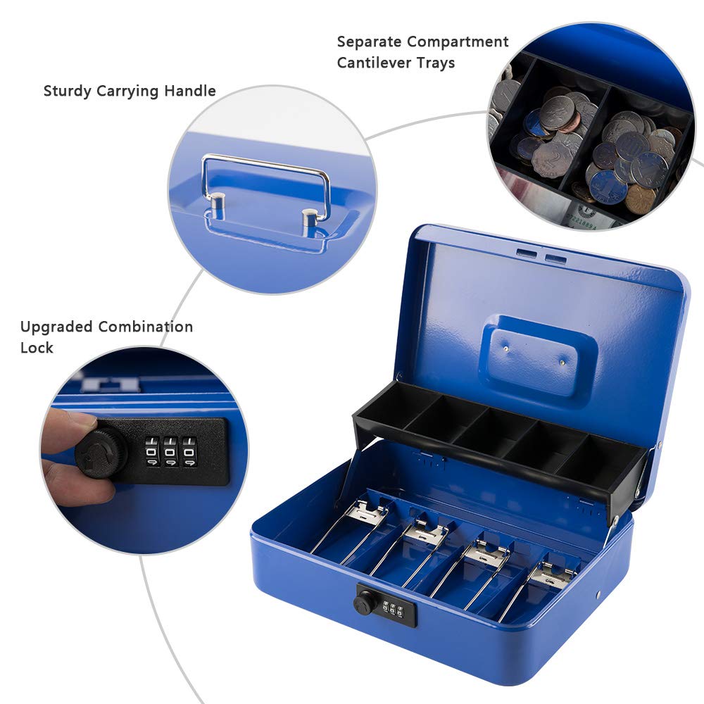 KYODOLED - Caja fuerte con bandeja para dinero y cerradura, caja fuerte de metal, caja fuerte, caja fuerte, caja registradora, 5 compartimentos y 4 clips con resorte para facturas.