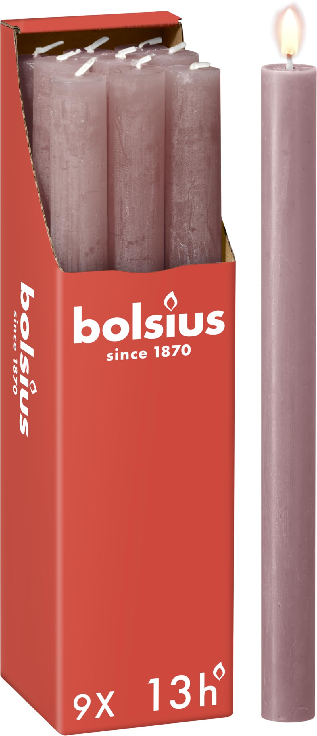 Bolsius Rustik Candele a bacchetta – rosa antico – Set 9 pezzi – lunghezza durata 13 ore – non profumate – cera naturale – senza gocciolamento – senza olio di palma – 27 x 2,3 cm