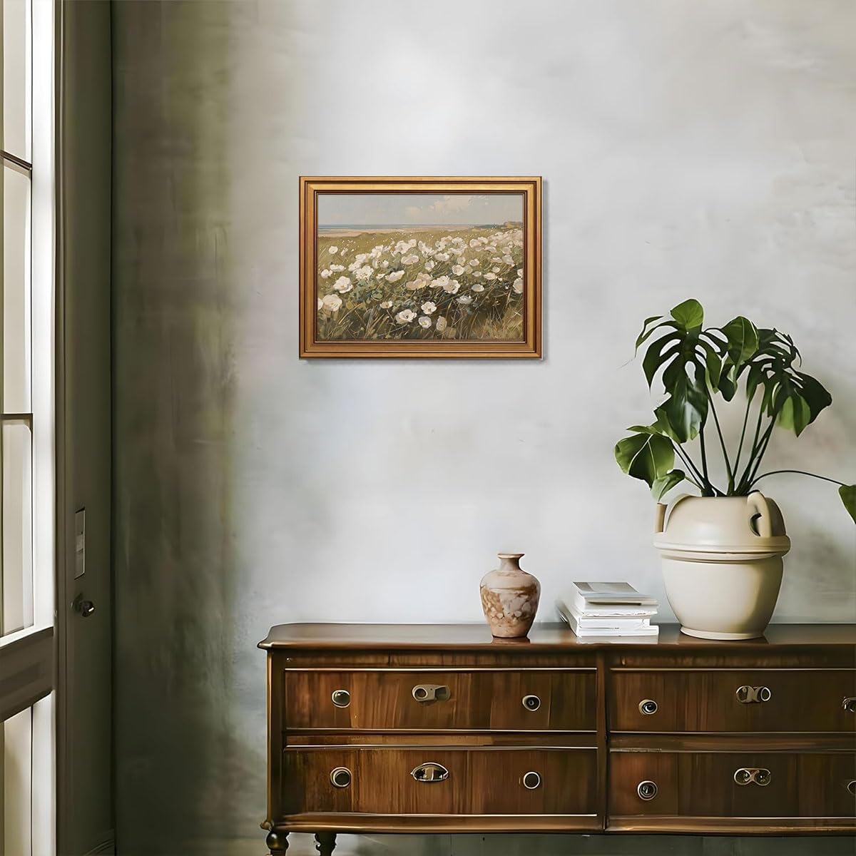 Gold Framed Wall Art Vintage Wildflower Canvas Art Farmhouse Floral Picture White Flower Wall Decor Antique Prints Rustic Paintings Landscape Artwork for Bedroom Living Room 12x16 Inch