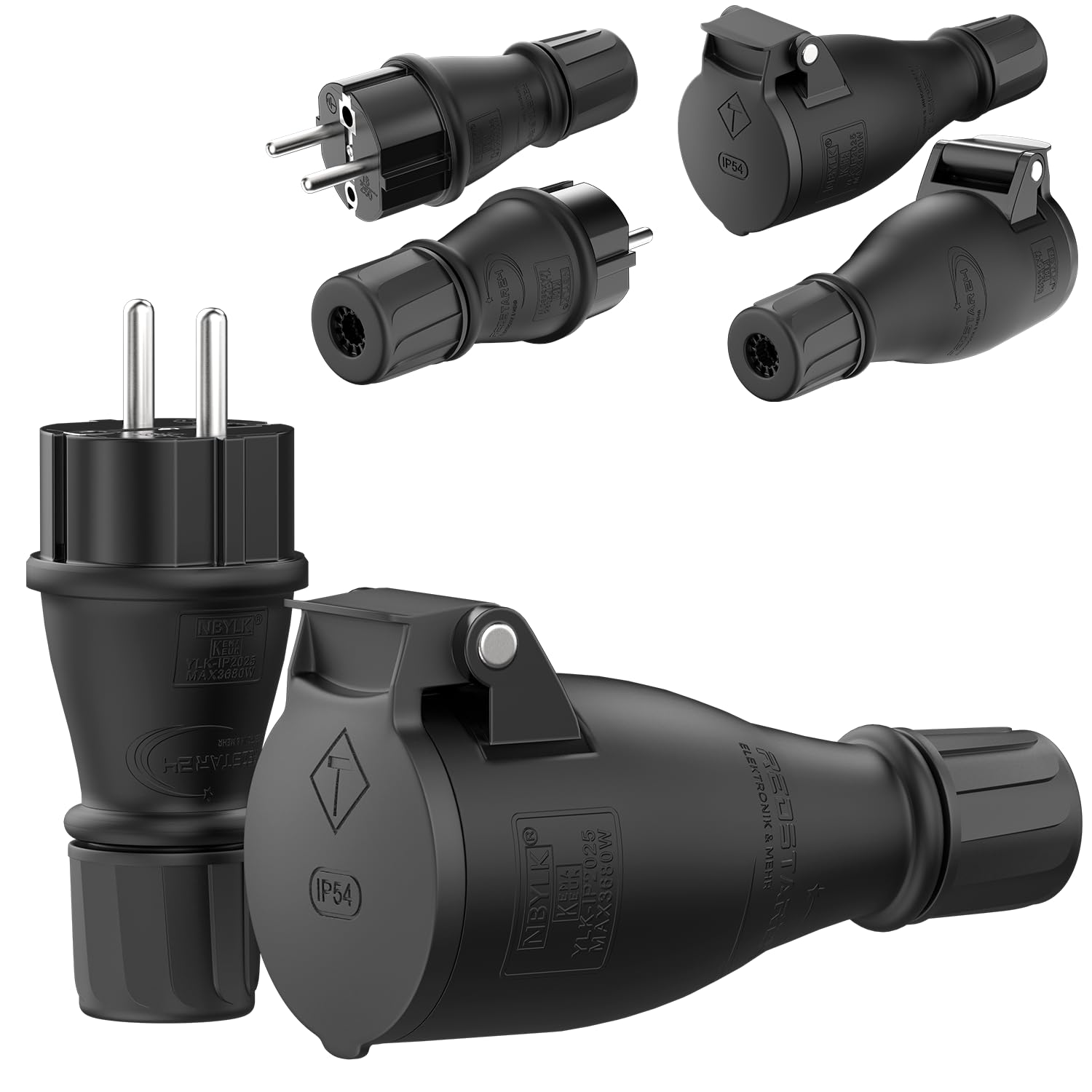 RedStar24 Schutzkontakt Stecker & Kupplung 230 V IP54 – 3x Schuko Stecker & 3x Kupplungen mit Zugentlastung & Knickschutz – robustes Outdoor Set für Verlängerungskabel, Baustelle & Garten | Schwarz