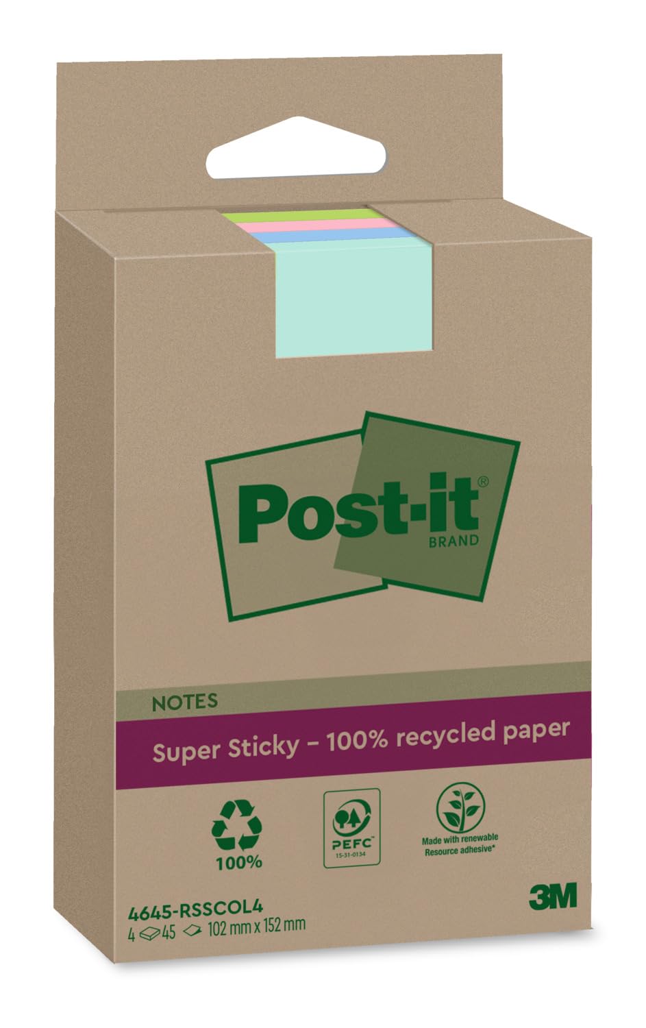 Post-​it Notes Autocollantes Super Sticky, Recyclés, Grand Format XXL, Pack de 4 Blocs, 45 Feuilles par Bloc, 102 mm x 152 mm - Notes Autocollantes Fabriquées à partir de Papier 100% Recyclé